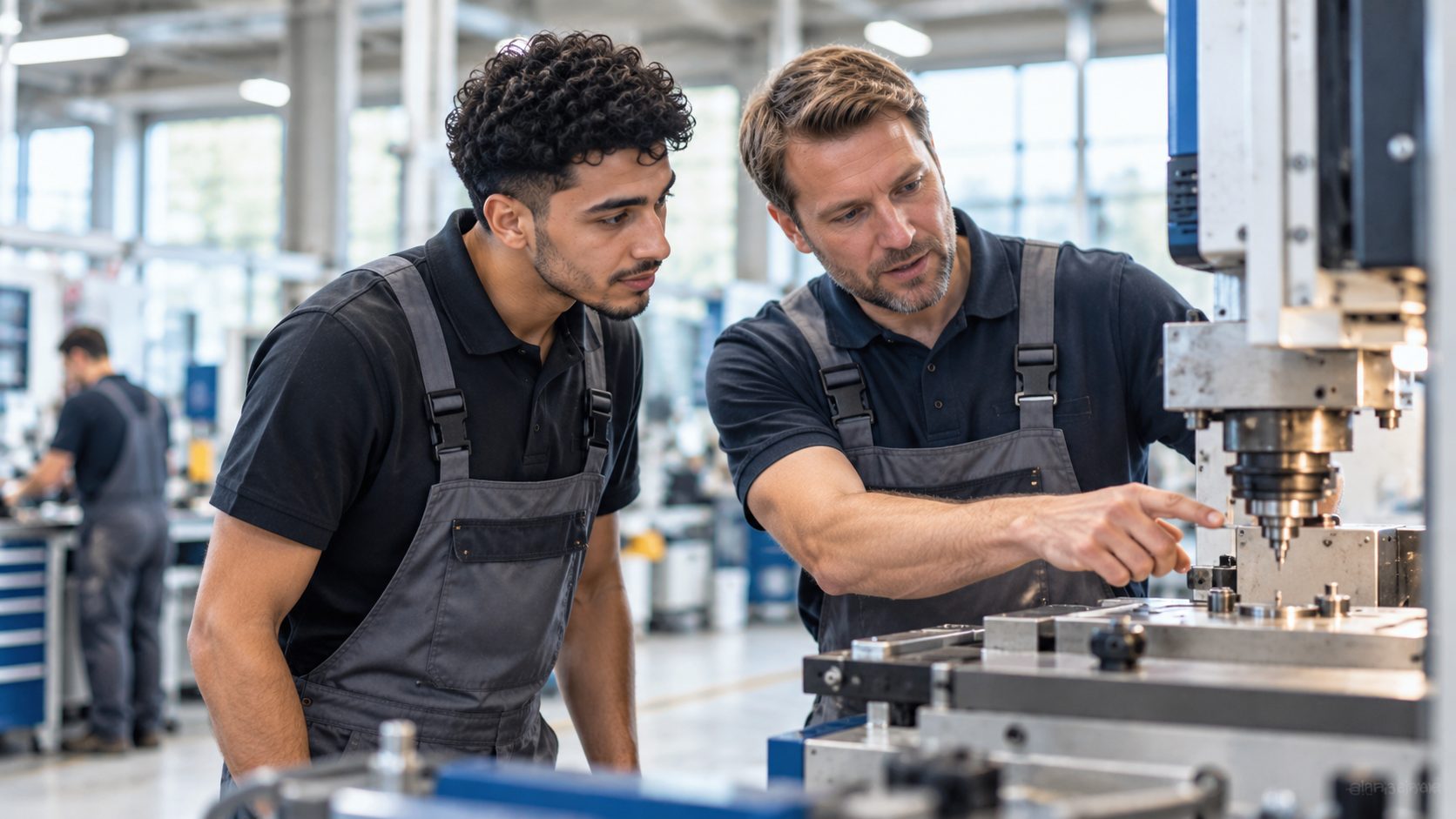 Erfahrene Fachkraft begleitet einen neuen Kollegen am ersten Arbeitstag